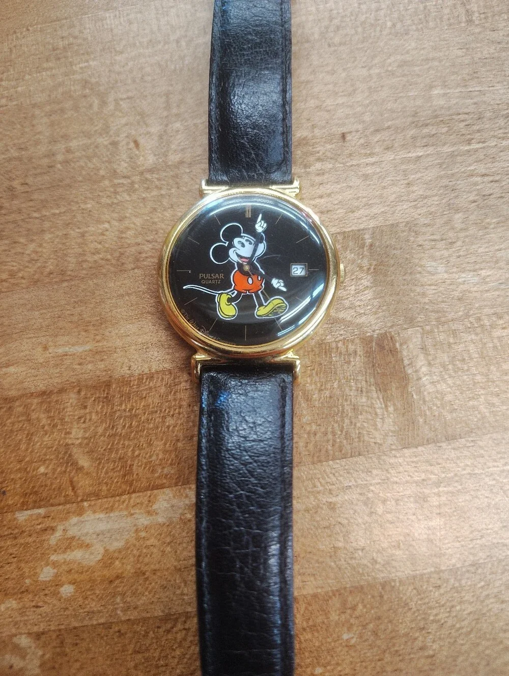 Pulsar Disney Mickey Mouse Wristwatch Black Dial/Band Gold Tone Case No Battery